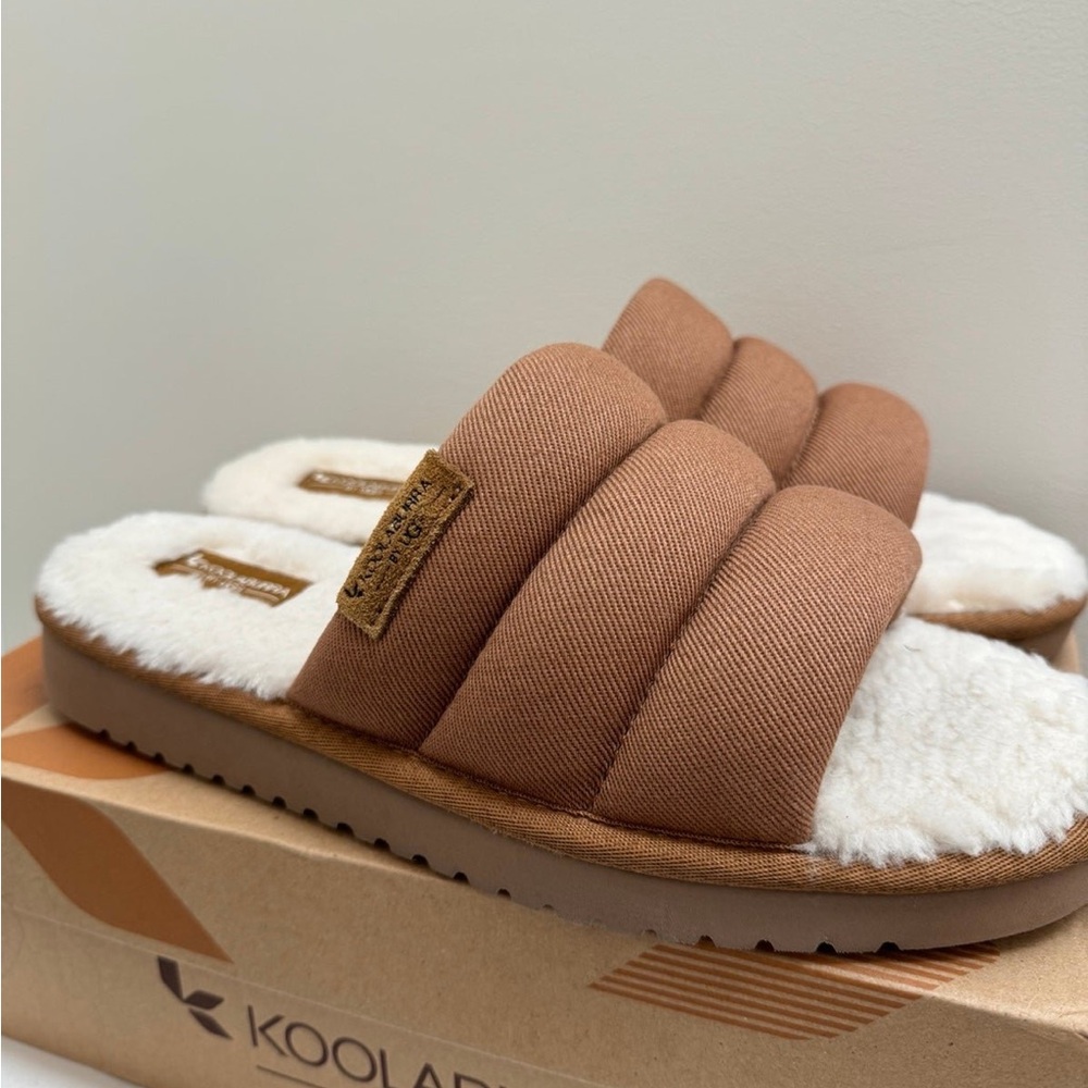 Koolaburra Tan Slippers with Plush White Lining